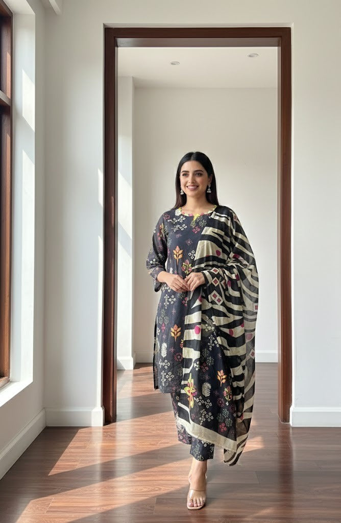Woman in a patterned dress standing in a well-lit room with wooden flooring.