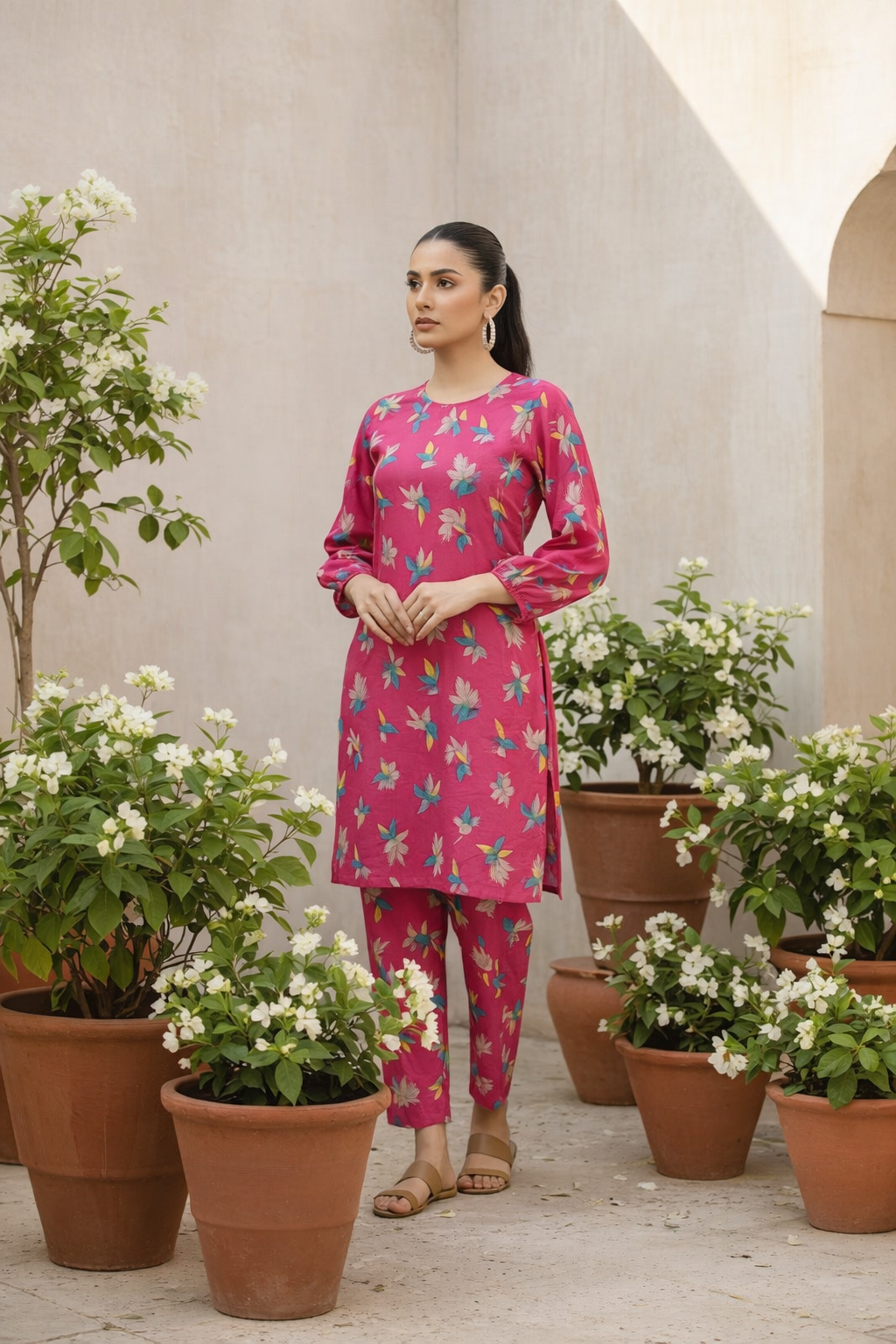 Woman in a pink floral outfit standing among potted plants.