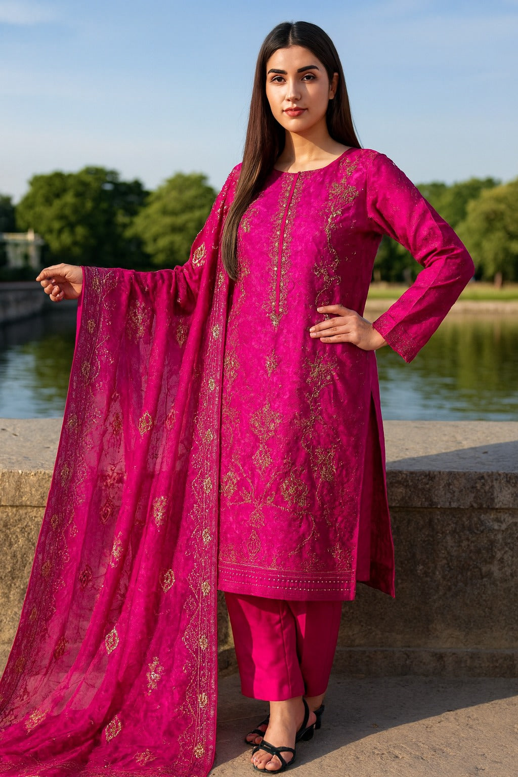 Woman in a pink traditional outfit with a dupatta by a body of water.