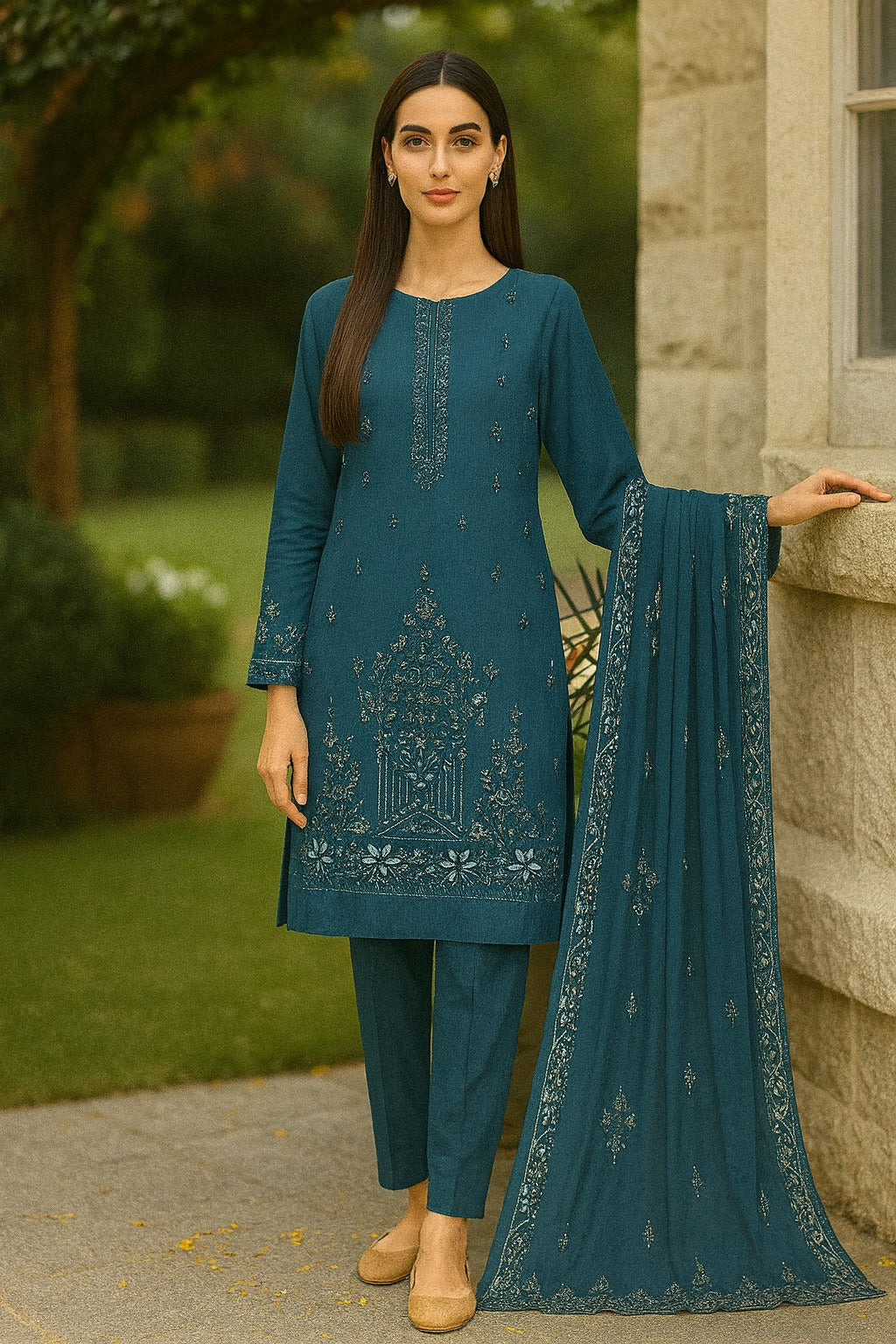 Woman in a teal embroidered outfit standing outdoors near a stone building.