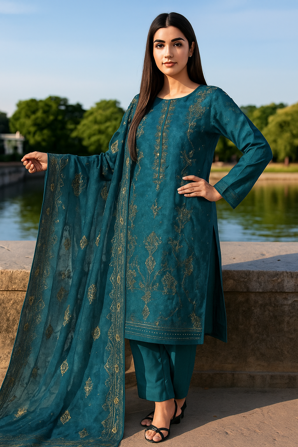 Woman in a teal traditional outfit with a matching dupatta by a lake.