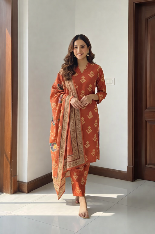Woman in a traditional orange outfit standing in a room with wooden doors.