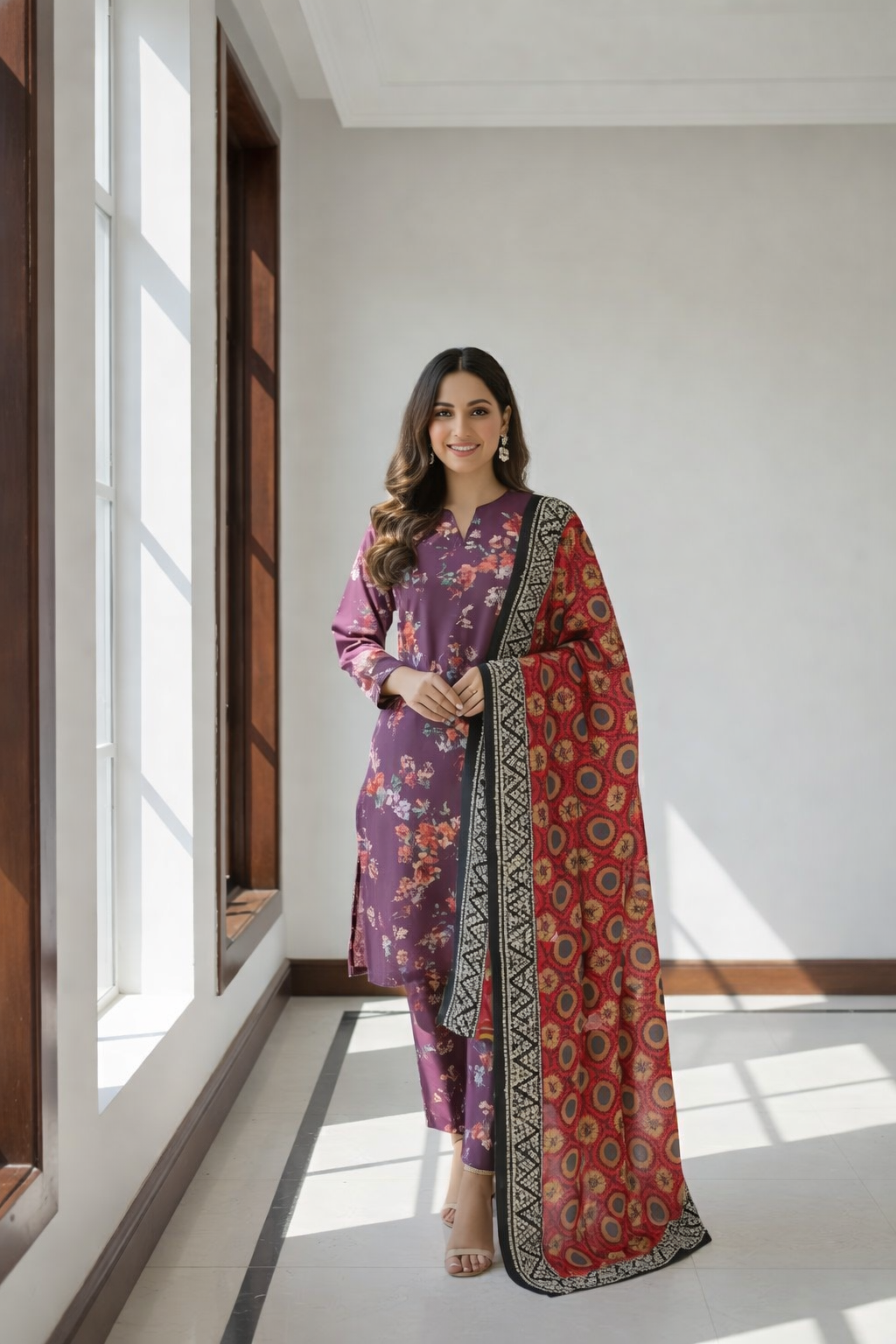 Woman in a traditional outfit standing in a well-lit room with large windows.