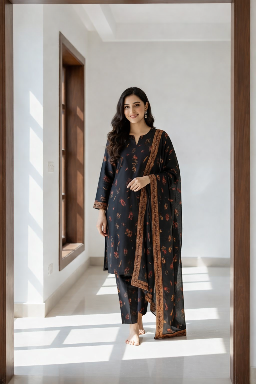 Woman in a traditional outfit standing in a well-lit room with wooden doors.
