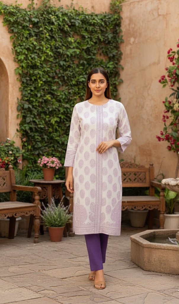 Woman in a white patterned kurta with purple pants standing in an outdoor setting with greenery and a fountain.