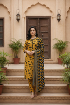 Woman in a yellow and black patterned outfit standing on steps with plants and a door in the background