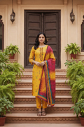 Woman in a yellow traditional outfit standing on steps with plants around