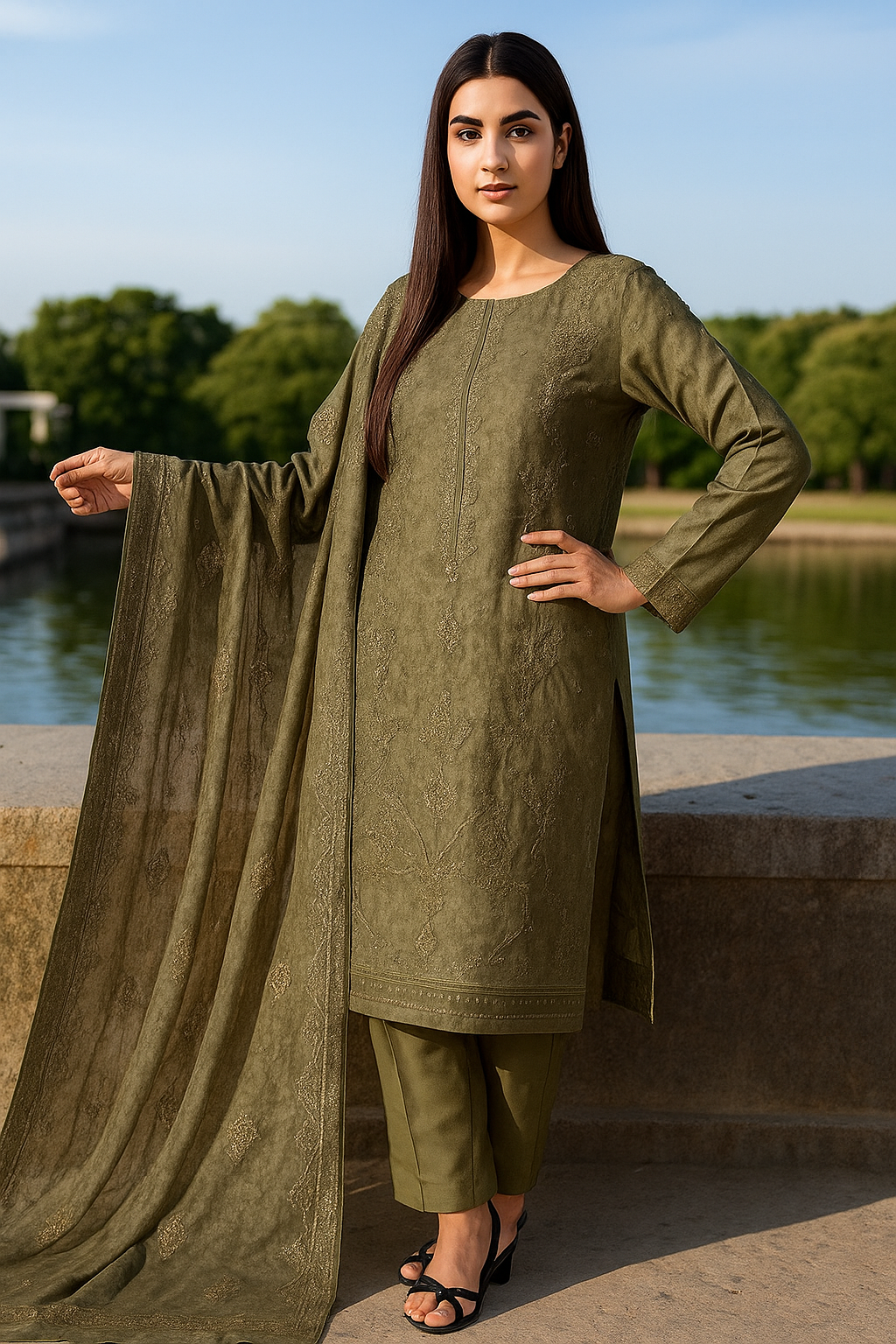 Woman in olive green traditional outfit standing by a body of water with trees in the background