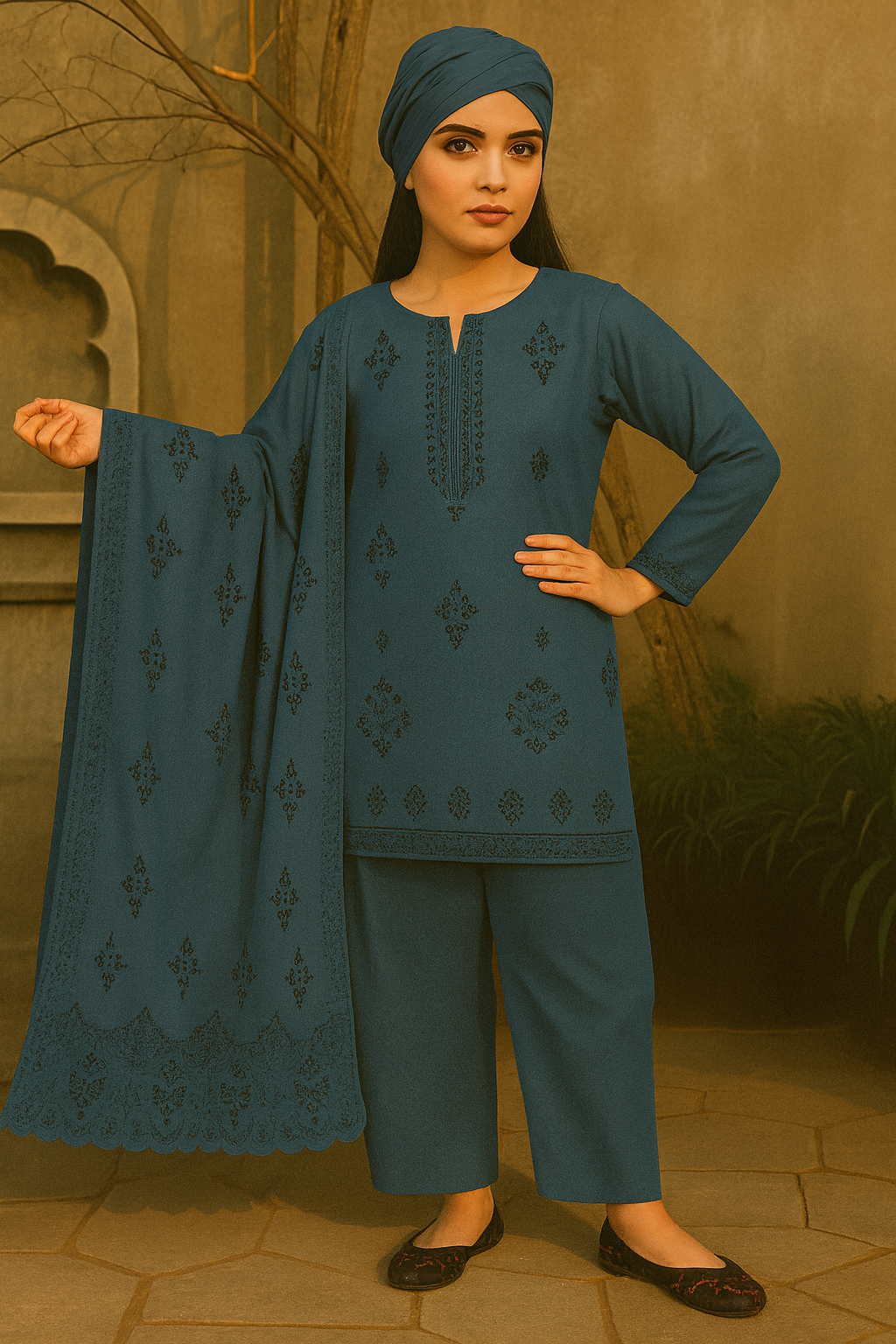 Woman in teal traditional outfit with matching dupatta against a neutral background