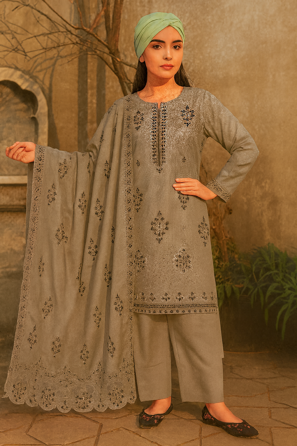 Woman in traditional embroidered outfit with dupatta standing outdoors.