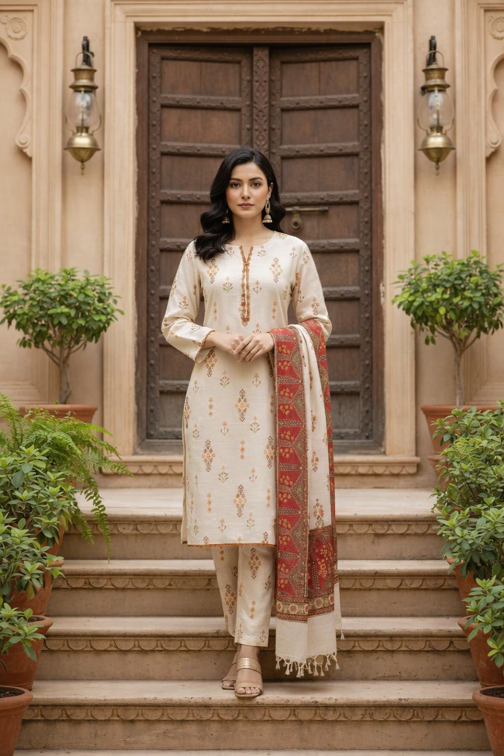 Woman in traditional outfit standing on steps with decorative elements