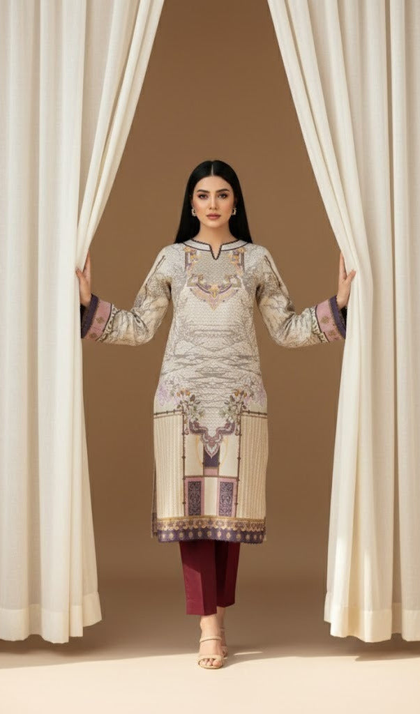 Woman in traditional outfit standing between white curtains against a brown background