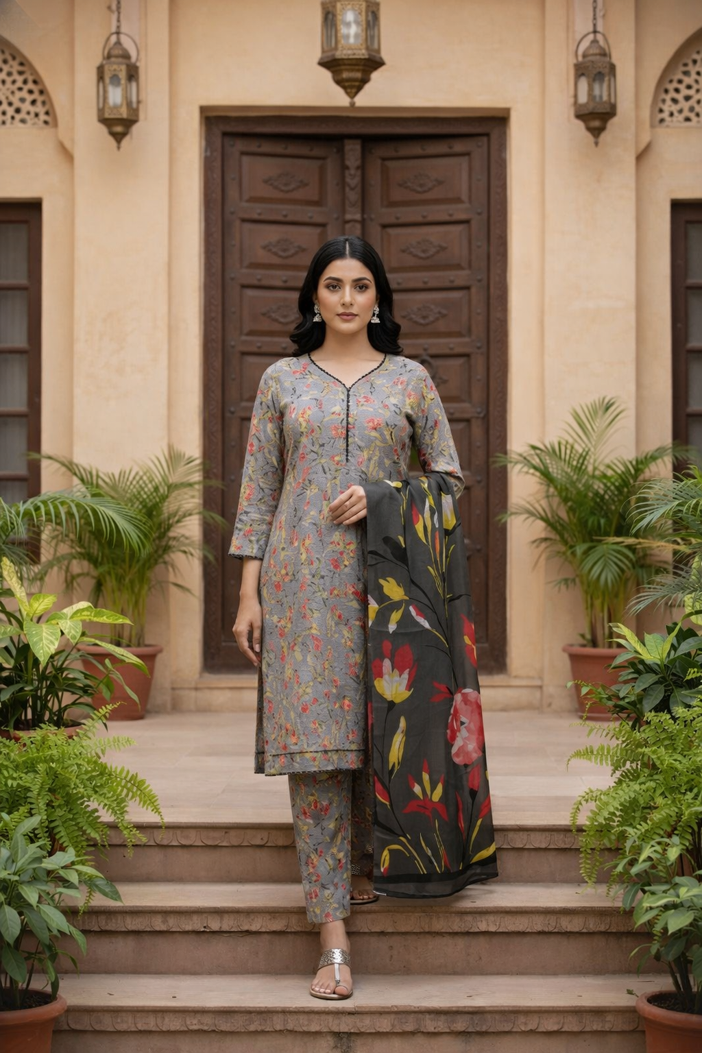 Woman in traditional outfit standing on steps with plants around