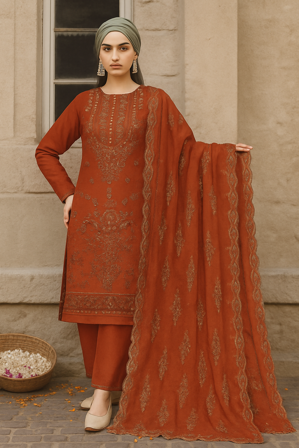 Woman in traditional rust-colored outfit with embroidery, standing against a beige wall.