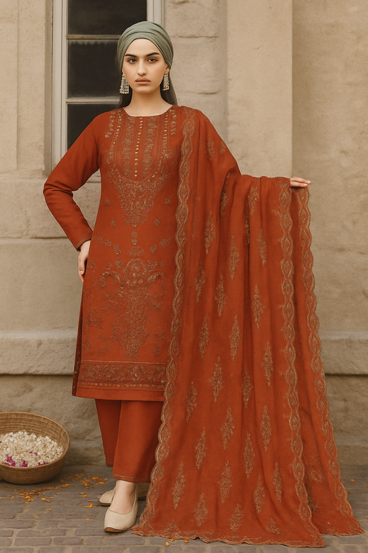 Woman in traditional rust-colored outfit with embroidery, standing against a beige wall.