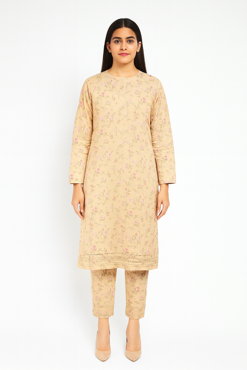 Woman wearing a beige kurta with pants on a white background