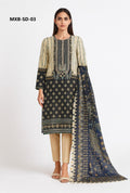 Woman wearing a black and beige traditional outfit with a matching dupatta on a white background