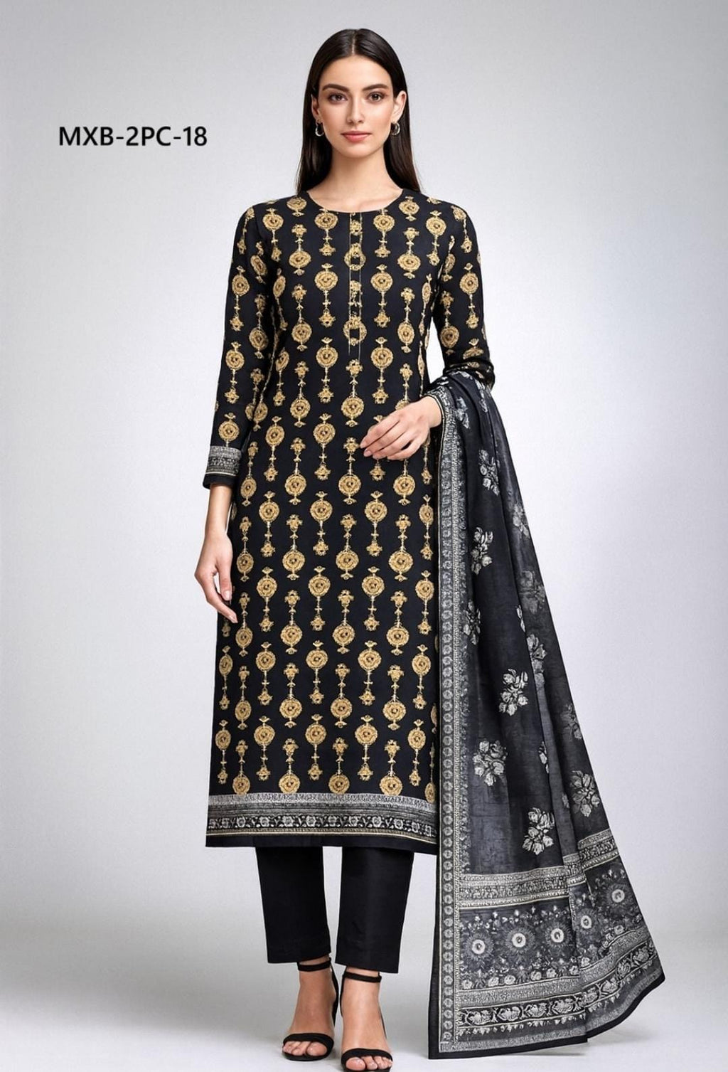 Woman wearing a black and gold patterned suit with a matching dupatta on a white background