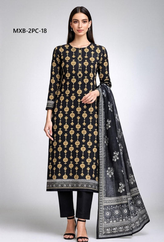 Woman wearing a black and gold patterned suit with a matching dupatta on a white background