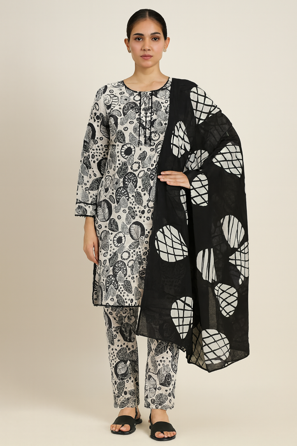 Woman wearing a black and white patterned outfit with a black and white patterned scarf on a beige background