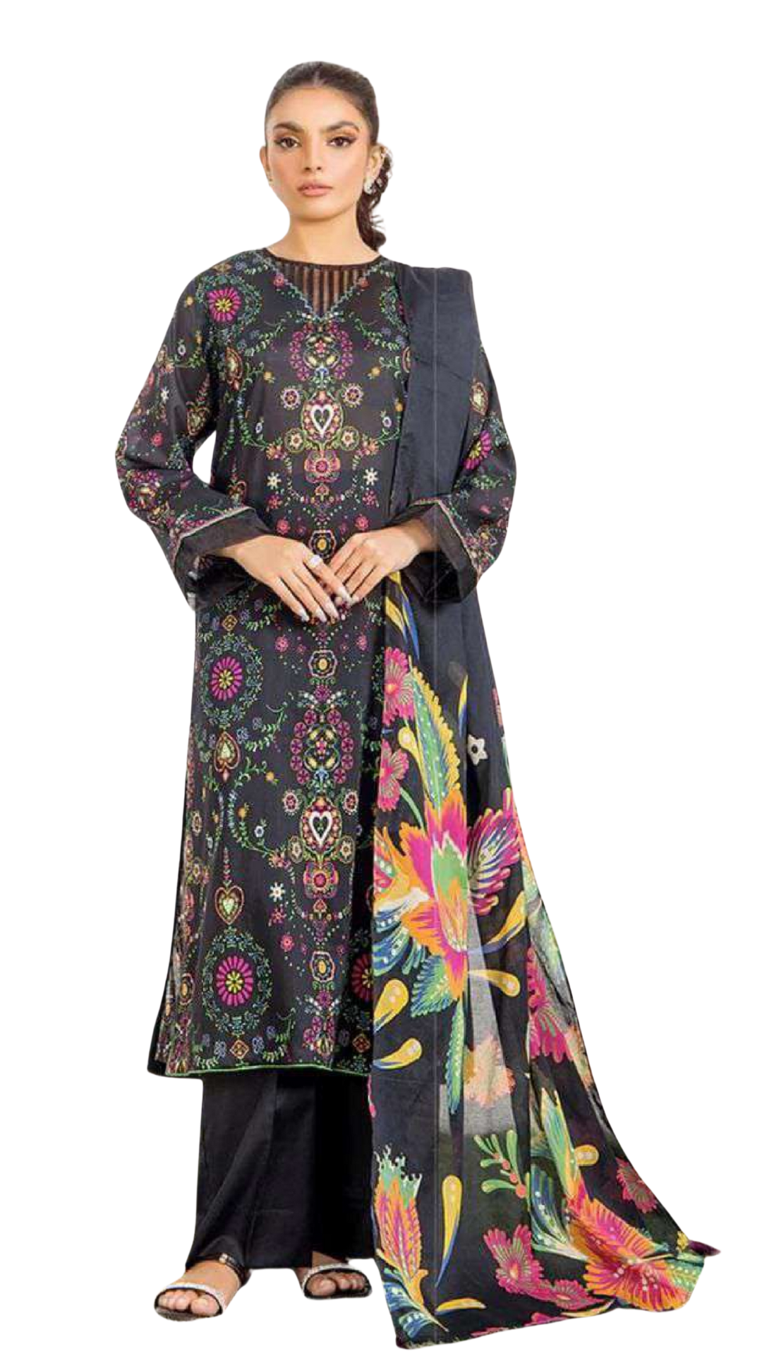 Woman wearing a black floral outfit with a colorful dupatta on a white background