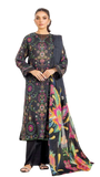 Woman wearing a black floral outfit with a colorful dupatta on a white background