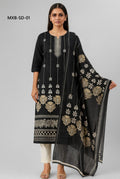Woman wearing a black embroidered outfit with a sheer dupatta on a gray background