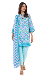 Woman wearing a blue and white patterned kurta with light blue pants on a white background
