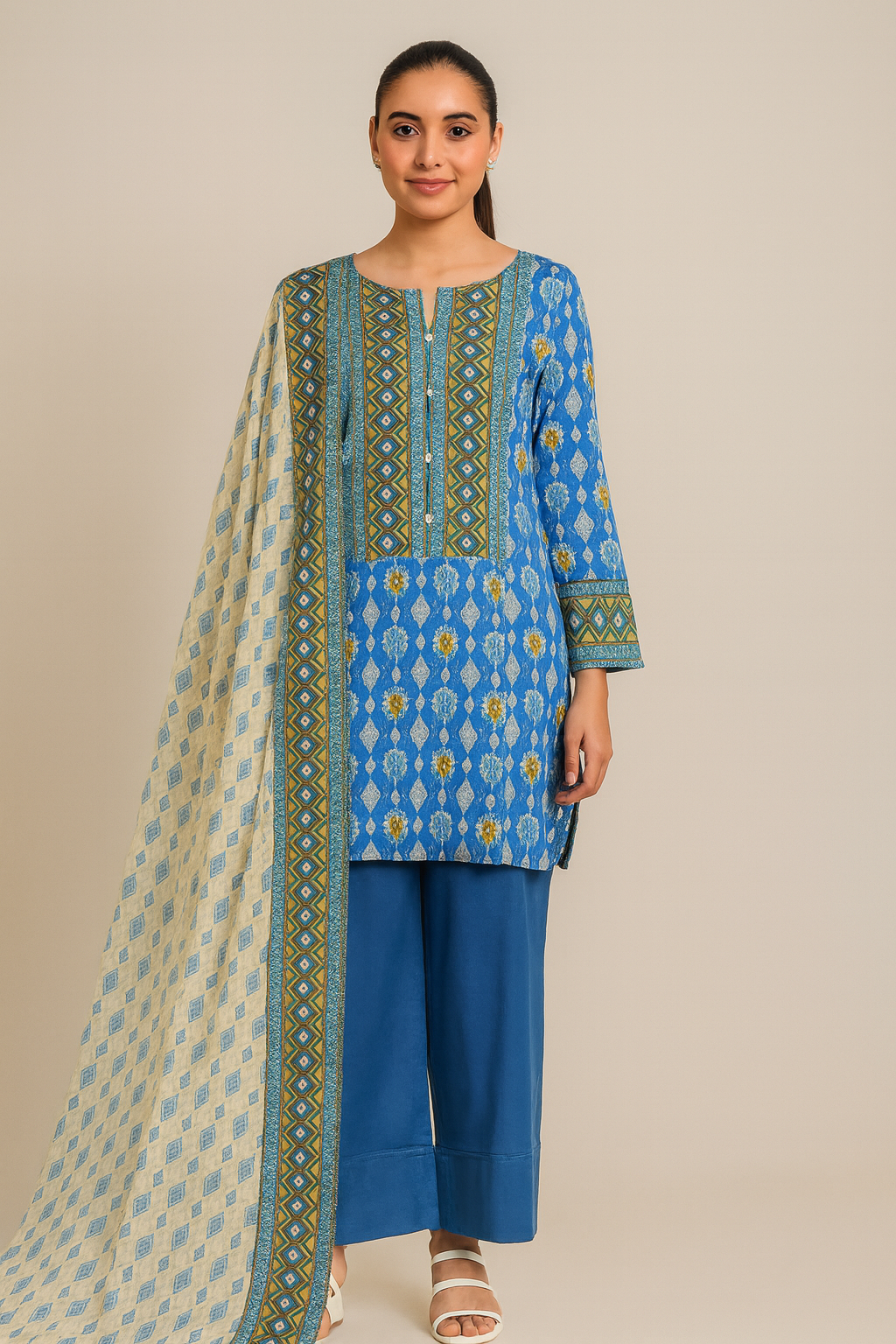 Woman wearing a blue embroidered kurta with matching pants and a white dupatta on a beige background
