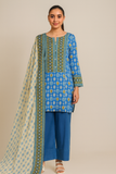 Woman wearing a blue embroidered kurta with matching pants and a white dupatta on a beige background