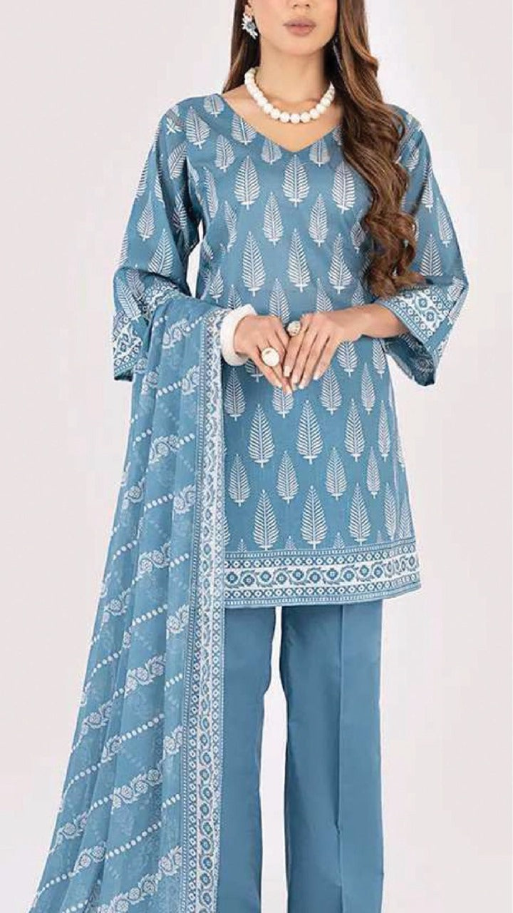 Woman wearing a blue patterned outfit with a matching dupatta on a white background