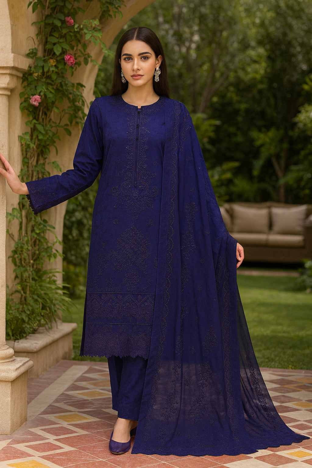 Woman wearing a blue traditional outfit with a dupatta in an outdoor setting.