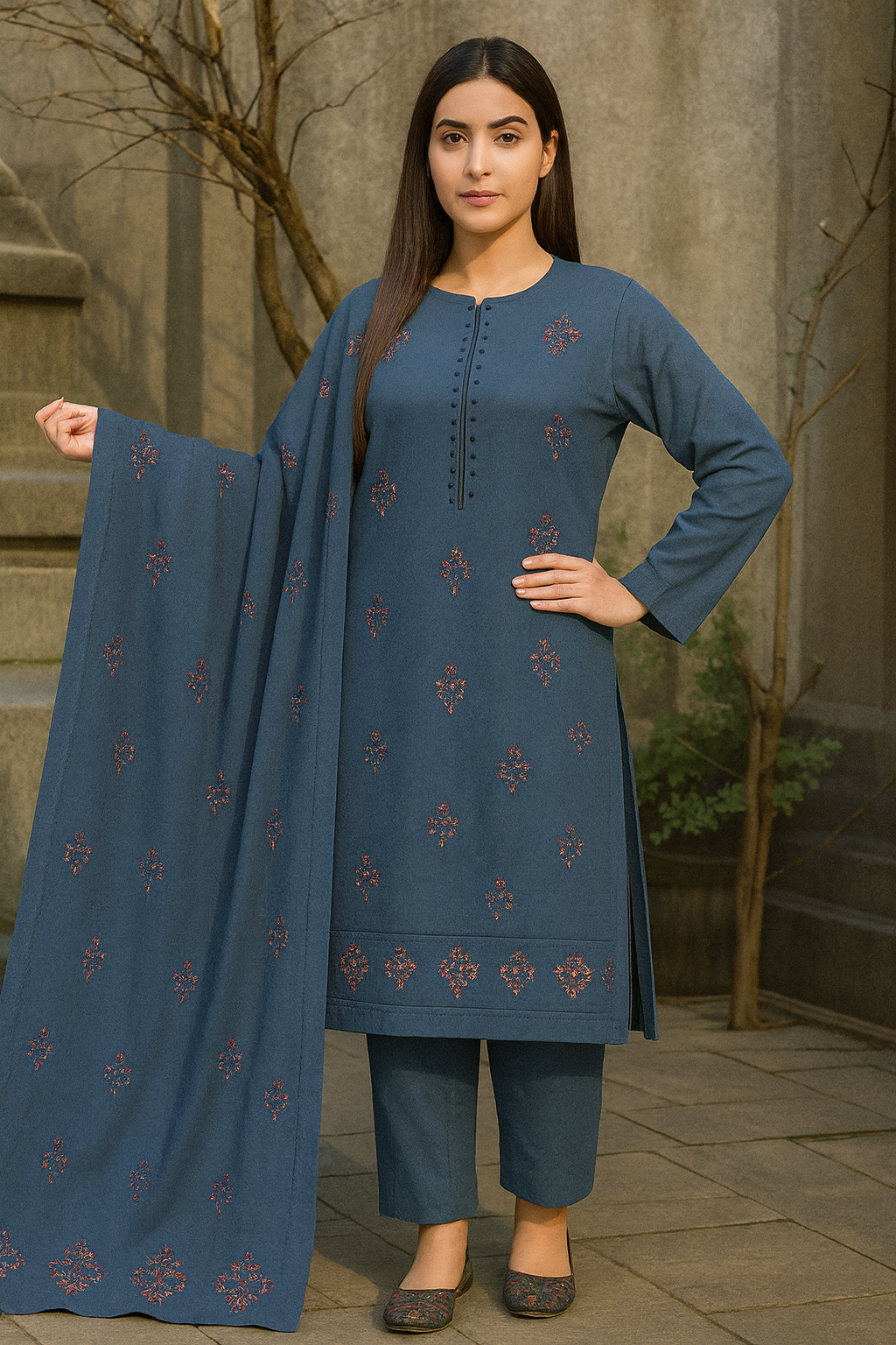 Woman wearing a blue embroidered outfit with a matching dupatta outdoors.