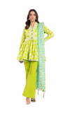 Woman wearing a bright green traditional outfit with a matching dupatta on a white background