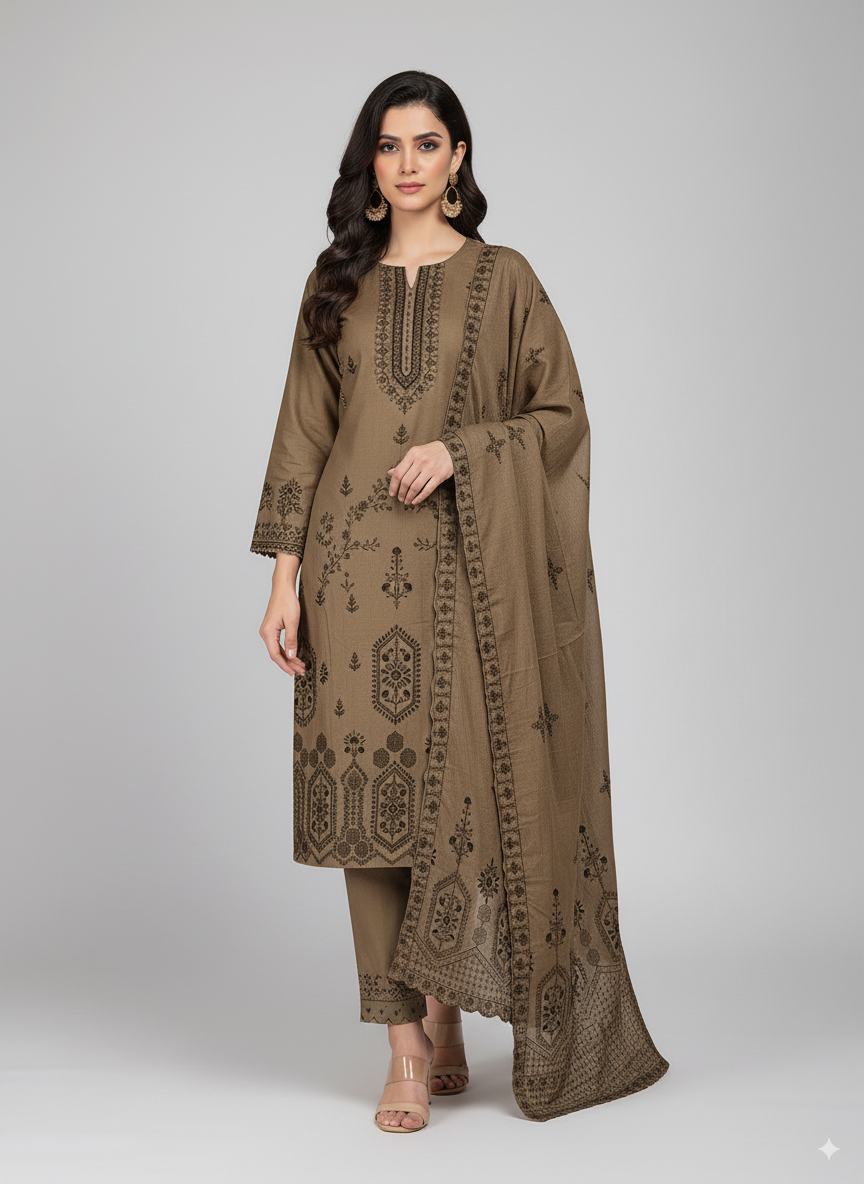 Woman wearing a brown embroidered traditional outfit on a white background