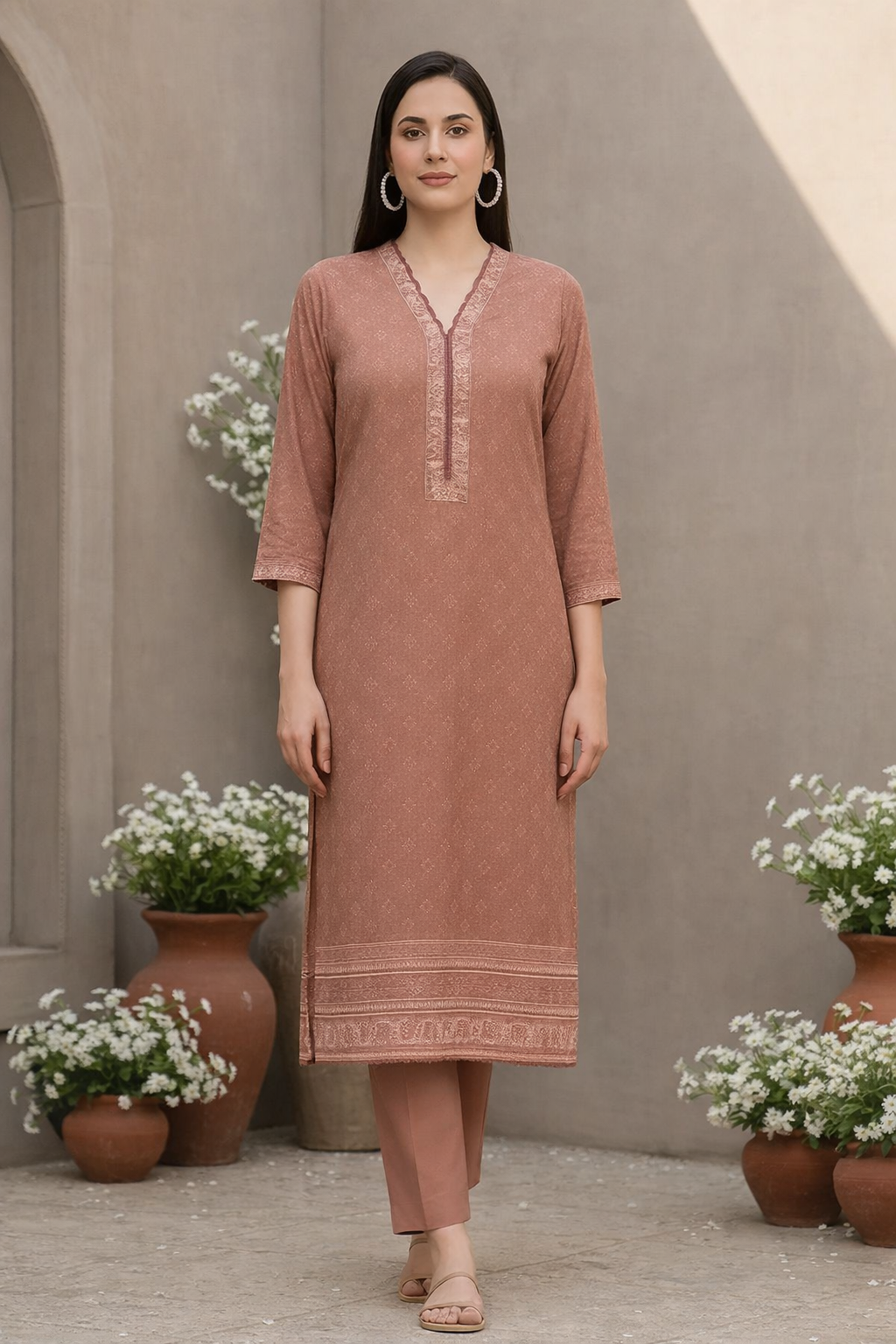 Woman wearing a brown kurta with white flowers and pots in the background