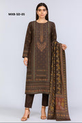 Woman wearing a brown embroidered outfit with a matching dupatta on a white background