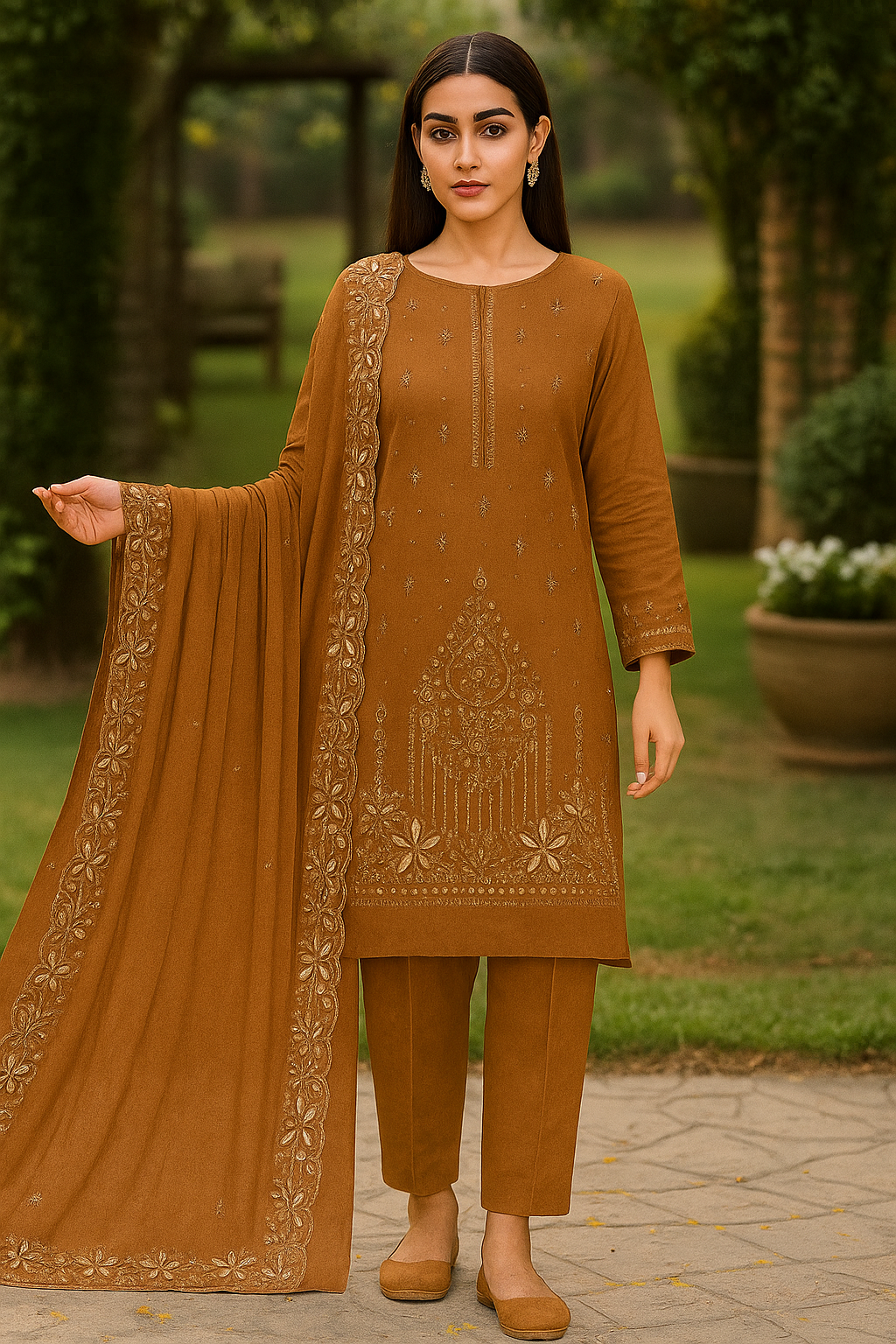 Woman wearing a brown traditional outfit with embroidery in an outdoor setting