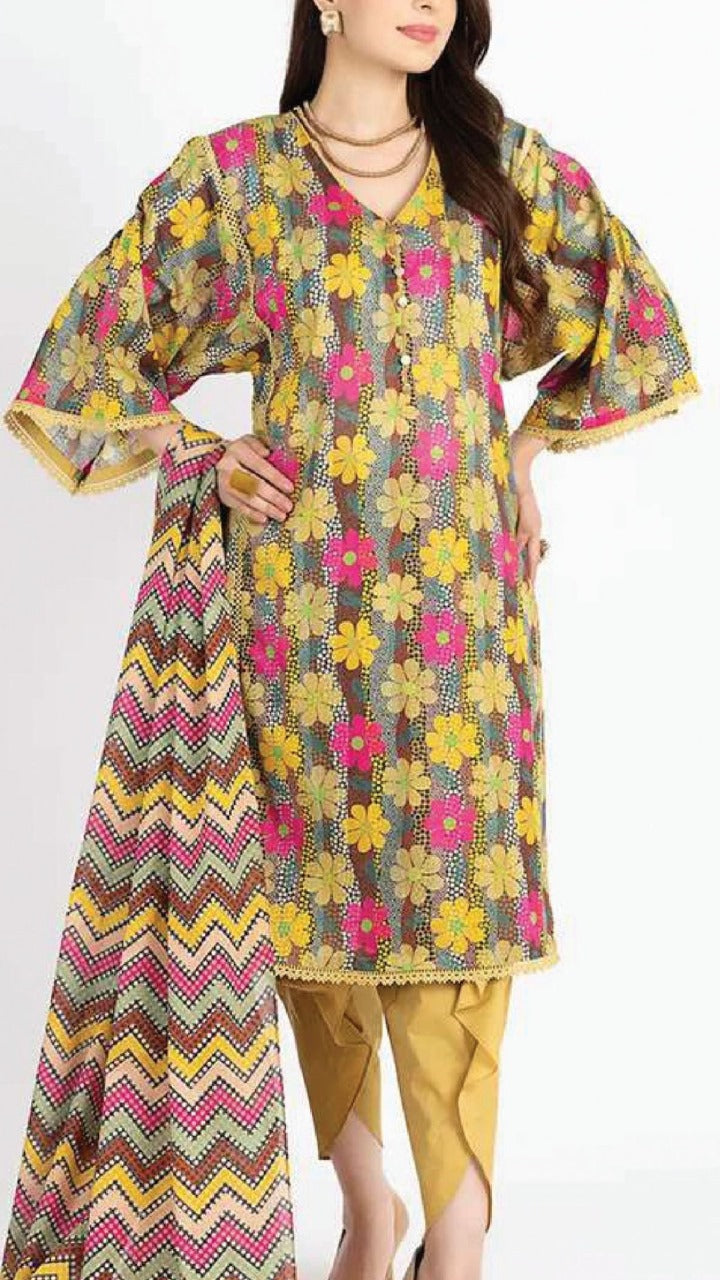 Woman wearing a colorful floral and zigzag patterned outfit on a white background