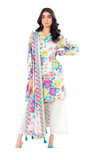 Woman wearing a colorful floral dress with a matching dupatta on a white background