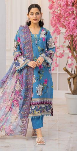 Woman wearing a colorful embroidered outfit with a floral background