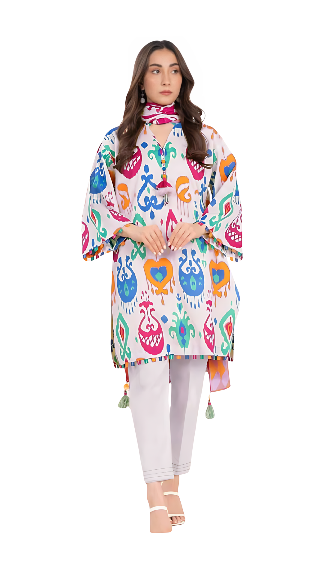 Woman wearing a colorful printed kurta with white trouser on a white background
