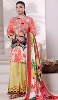 Woman wearing a colorful traditional outfit with a floral design on a white background
