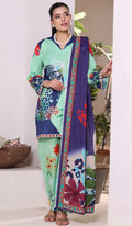 Woman wearing a colorful traditional outfit with a floral design against a white background