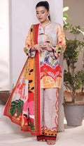 Woman wearing a colorful traditional outfit with a floral pattern in an indoor setting.