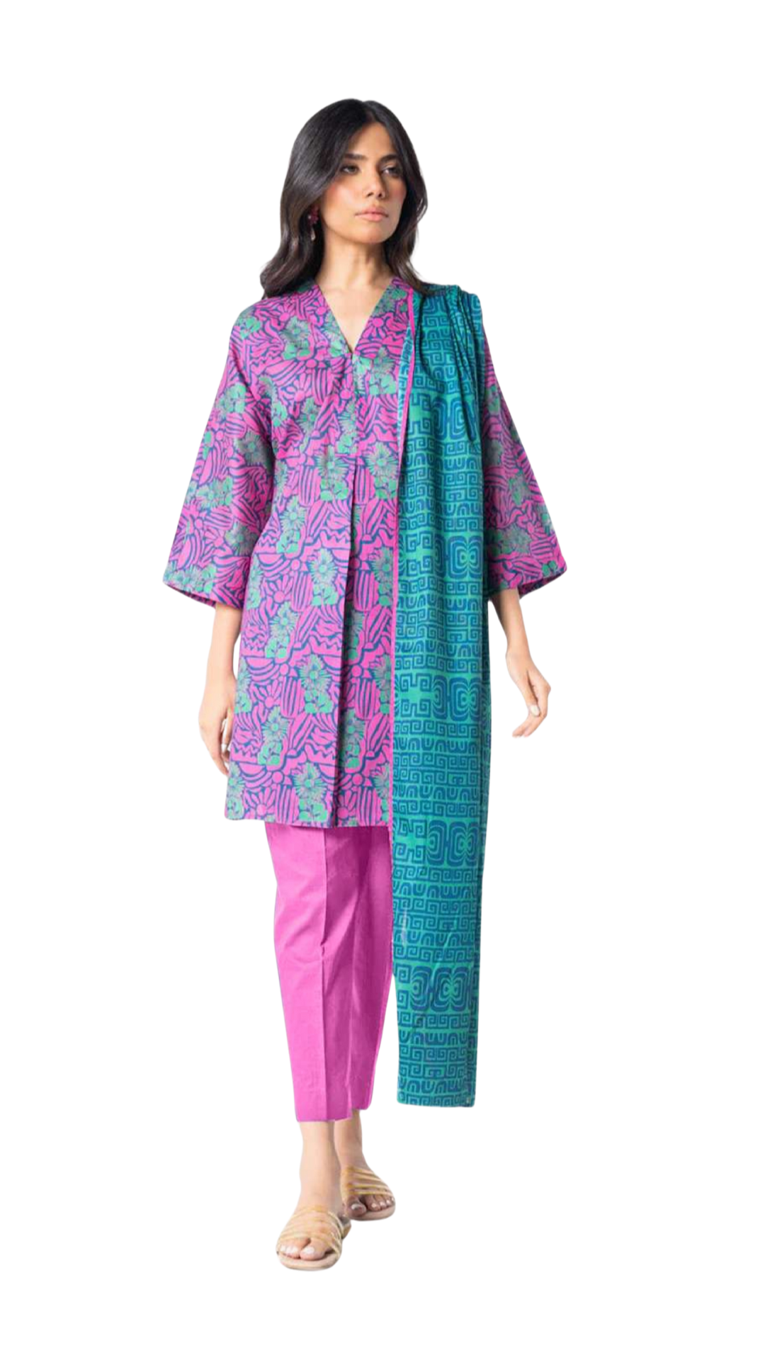 Woman wearing a colorful traditional outfit with a pink top, blue dupatta, and pink pants on a white background