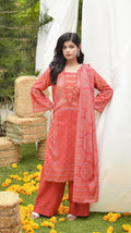 Woman wearing a coral pink traditional outfit with a white background and decorative elements.