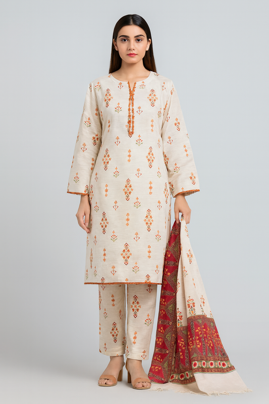 Woman wearing a cream Printed kurta with red and gold border duptta  on a white background
