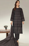 Woman wearing a dark gray embroidered kurta with same trouser, holding a matching dupatta on a light gray background.
