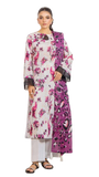 Woman wearing a floral and print outfit on a white background